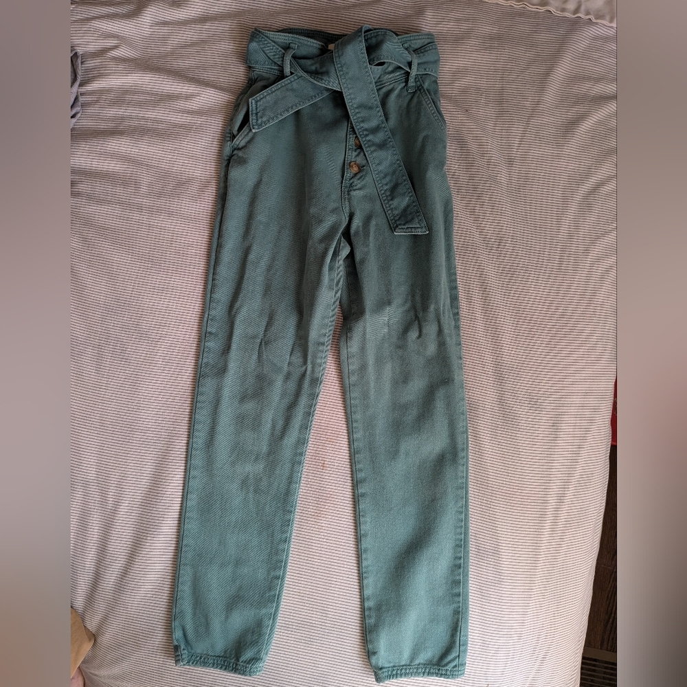 Teal High-Waist Utility Pants with Belt